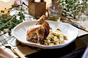 Cornish Hens with Plum-and-Leek Stuffing and Celery Root