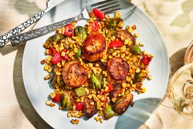 Blackened Scallops with Roasted Brussels Sprouts and Corn