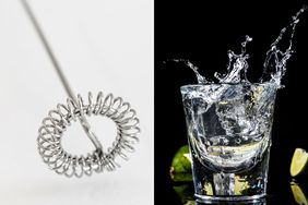 A milk frother; shot glass of tequila
