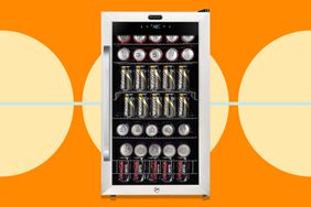 Whynter 121-Can Freestanding Beverage Refrigerator collaged against orange and yellow background