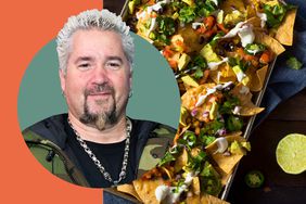 Guy Fieri; a tray of nachos