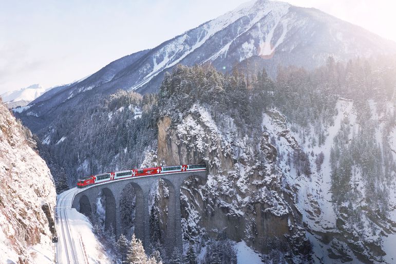 The Glacier Express connects the ski resorts of Zermatt and St. Moritz