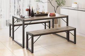 One of the fall prime sale items, a dining table and benches in a home.