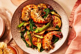 Okra with Eggplant and Grilled Prawns