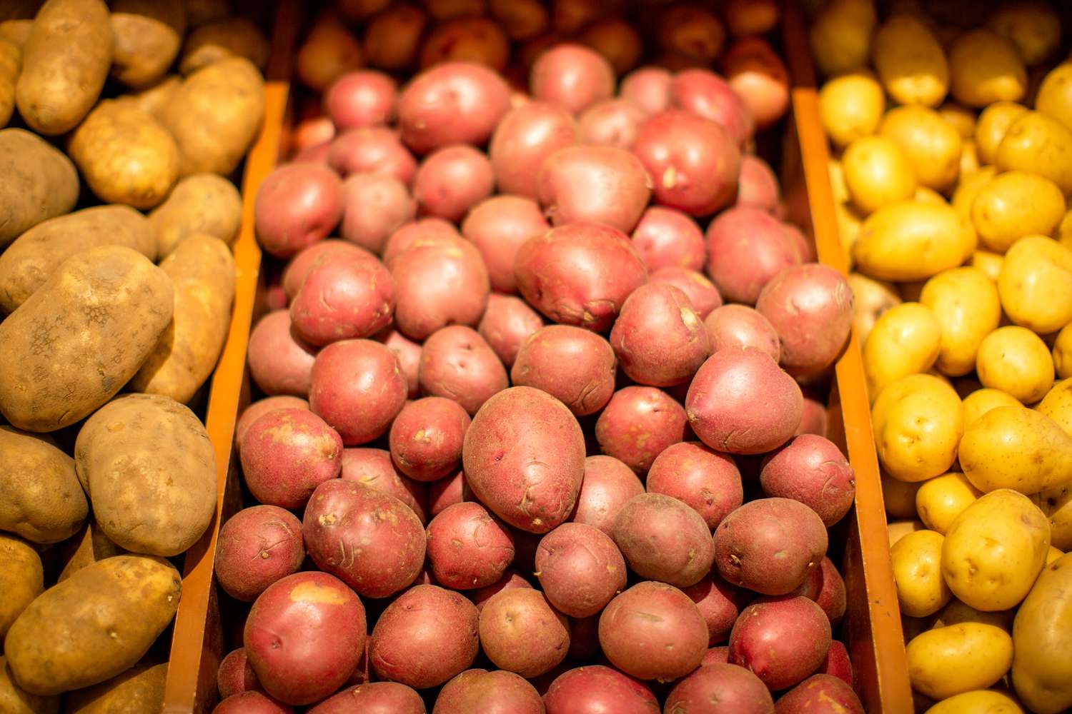 Russet, red new, and Yukon Gold fresh potatoes in a grocery store