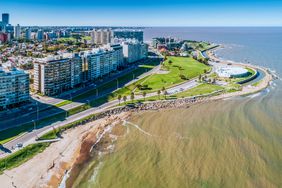 Aerial view, high angle view of Montevideo's coastline, Pocitos neighbourhood