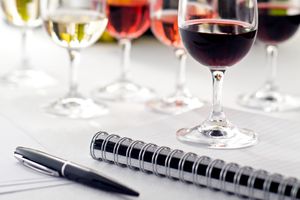 A note book, pen, and tasting glasses of wine